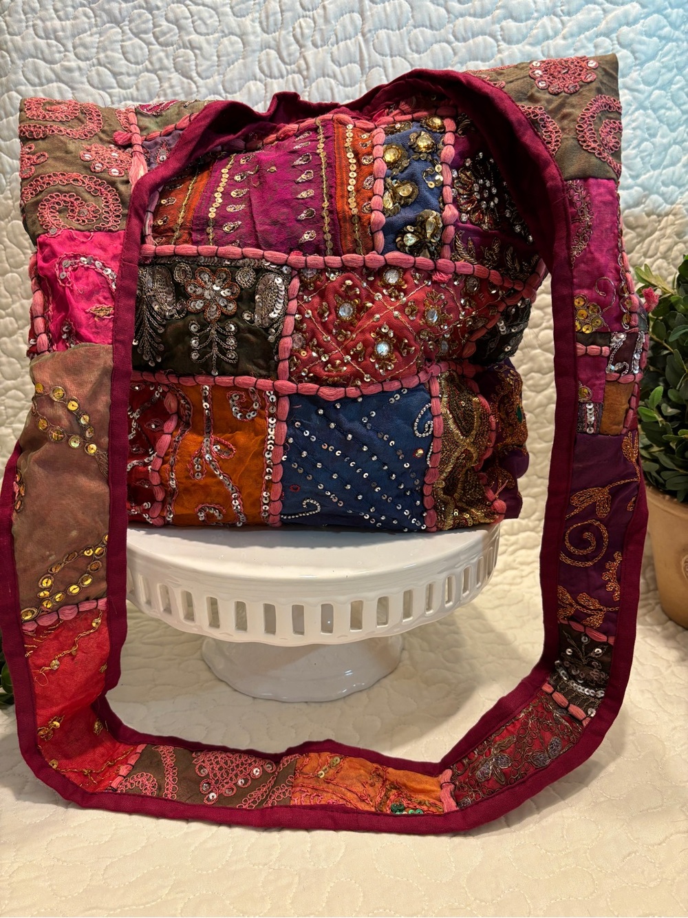 Handcrafted Multicolor Patchwork Hobo Bag - Embellished Shoulder Tote - Picture 3 of 6